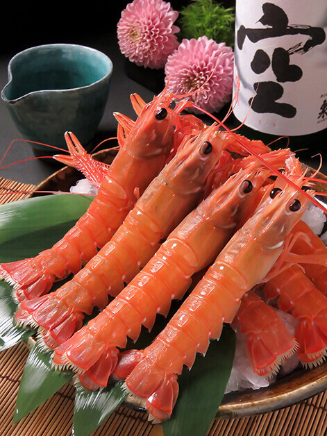 お料理：アカザ海老のお刺身 お酒：空（くう）（日本酒：愛知県）