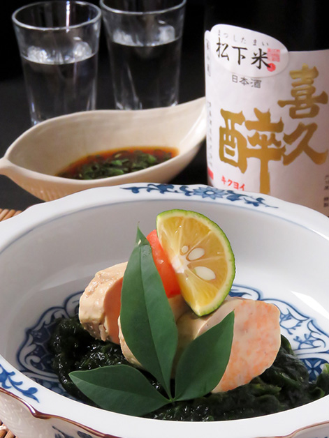 お料理：あん肝ポン酢 お酒：喜久酔松下米40（日本酒：静岡県）